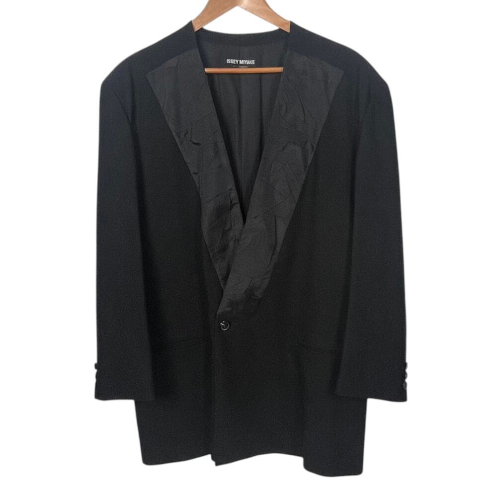 Issey Miyake Men's Size 46L Black Wool Collarless Crinkled Lapel Dinner Jacket